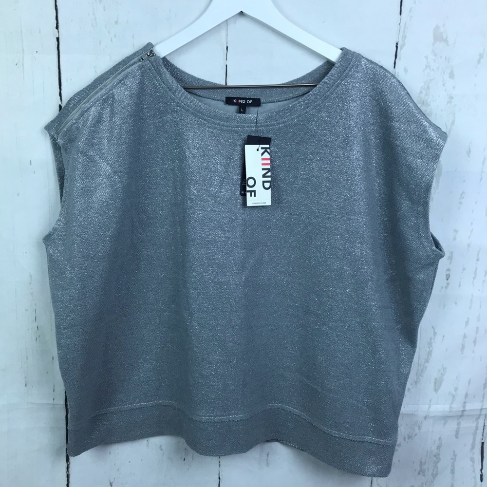Kind Of Silver Metallic Zipper Shoulder Pullover Top Women Sz L NWT